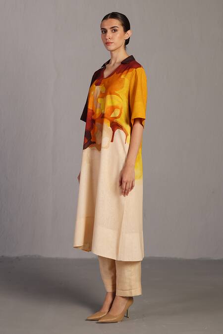 Shop_Clos_Brown V-neck And Ochre Korean Linen Kurta Pant Set 
