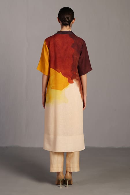 Shop_Clos_Brown V-neck And Ochre Korean Linen Kurta Pant Set _at_Aza_Fashions