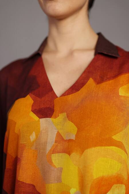 Shop_Clos_Brown V-neck And Ochre Designer Dress _Online_at_Aza_Fashions