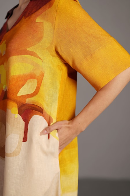 Clos_Brown V-neck And Ochre Designer Dress _at_Aza_Fashions