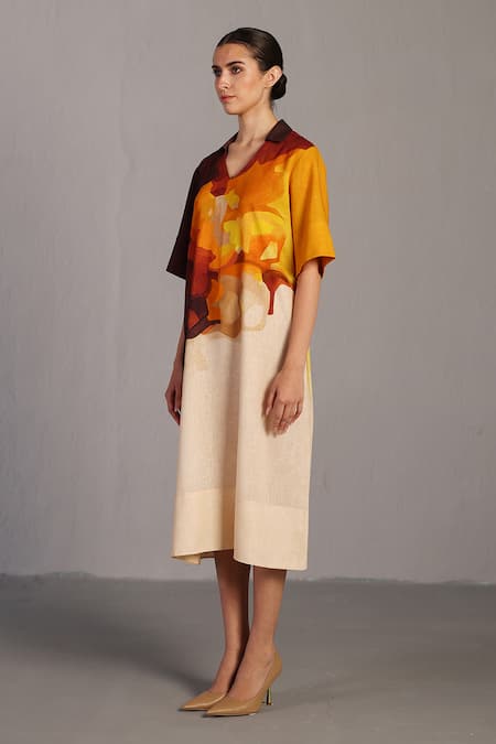 Buy_Clos_Brown V-neck And Ochre Designer Dress 