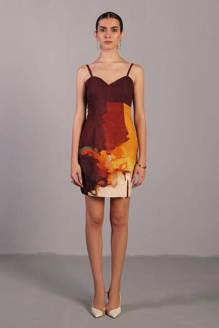 Clos_Brown V-neck And Ochre Designer Dress _Online_at_Aza_Fashions