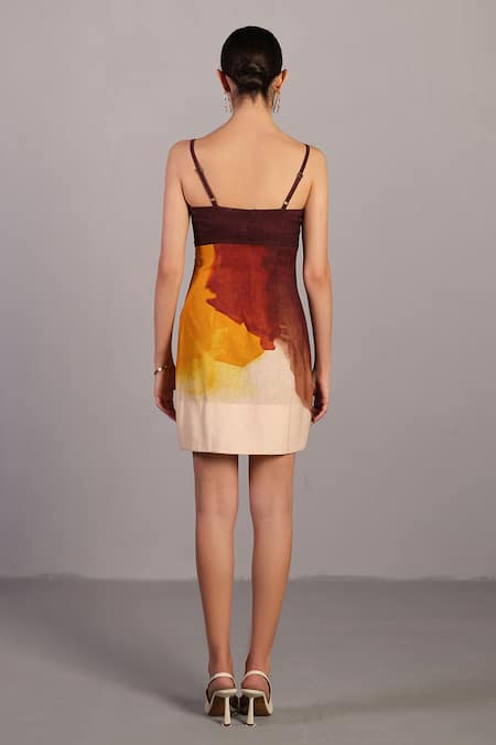 Shop_Clos_Brown V-neck And Ochre Designer Dress _at_Aza_Fashions