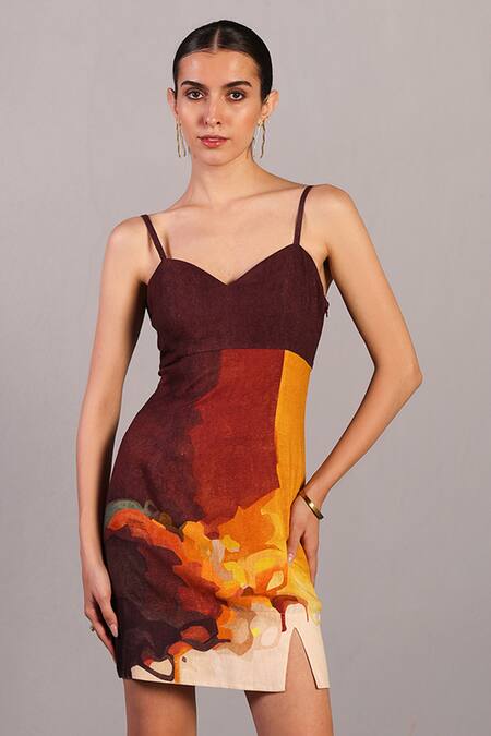 Shop_Clos_Brown V-neck And Ochre Designer Dress _Online_at_Aza_Fashions