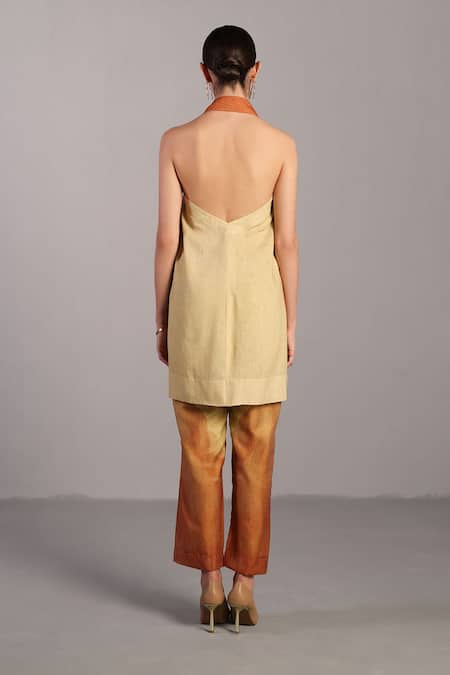 Shop_Clos_Wine Kota Doria Halter Neck Designer And Cream Kurta Pant Set _at_Aza_Fashions