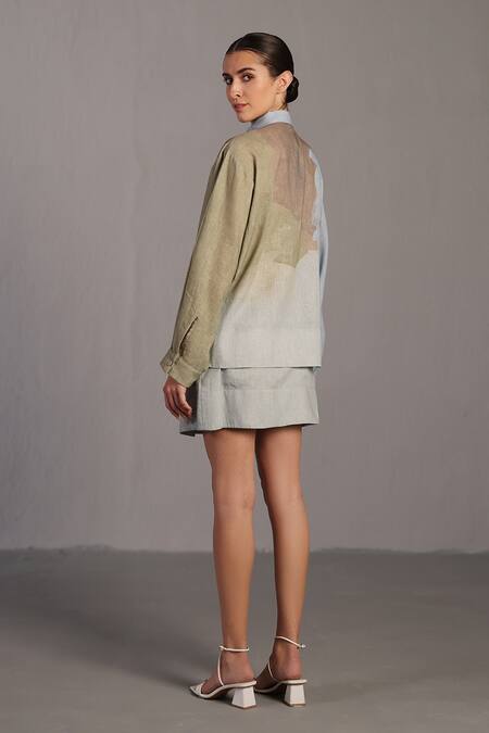 Clos_Blue Collared Pastel And Green Designer Shirt Skirt Set _Online_at_Aza_Fashions