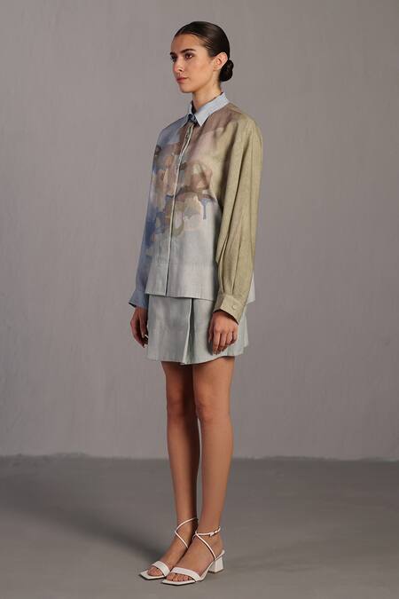 Buy_Clos_Blue Collared Pastel And Green Designer Shirt Skirt Set _Online_at_Aza_Fashions