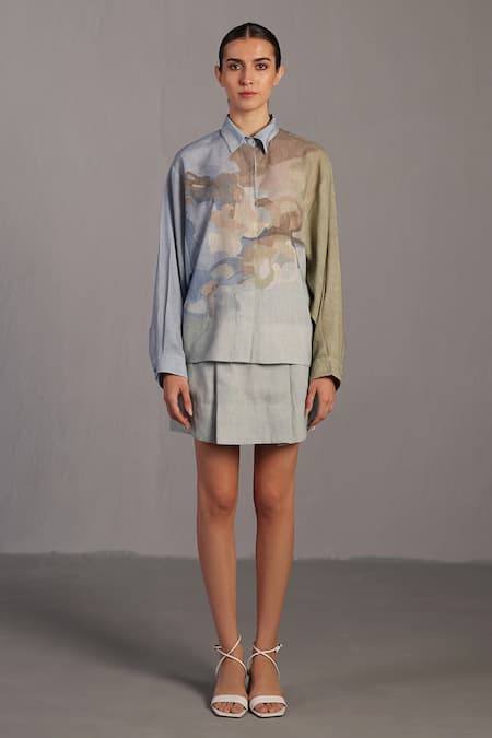 Clos Blue Collared Pastel And Green Designer Shirt Skirt Set