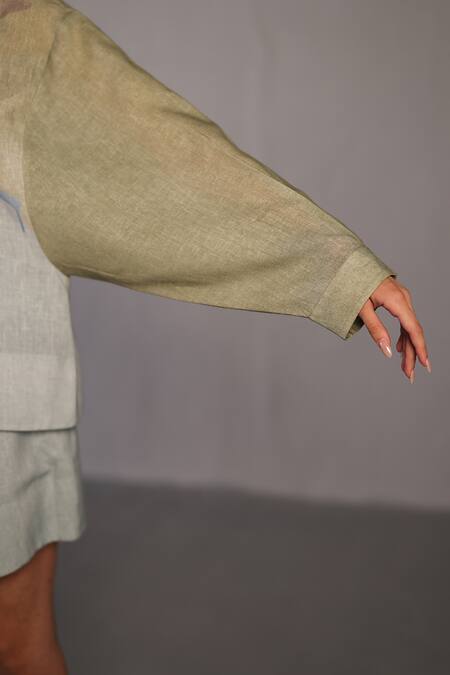 Clos_Blue Collared Pastel And Green Designer Shirt Skirt Set _at_Aza_Fashions