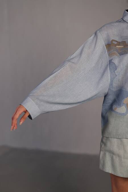 Buy_Clos_Blue Collared Pastel And Green Designer Shirt Skirt Set 