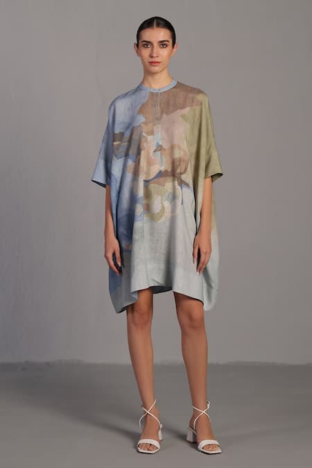 Clos Round Neck Pastel Blue And Green Designer Dress