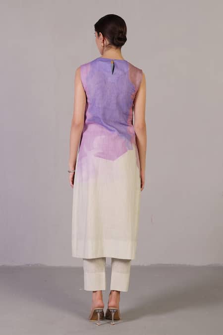 Shop_Clos_Multi Color Linen Round Neck Pastel Multicolor Designer Kurta And Pant Set _at_Aza_Fashions