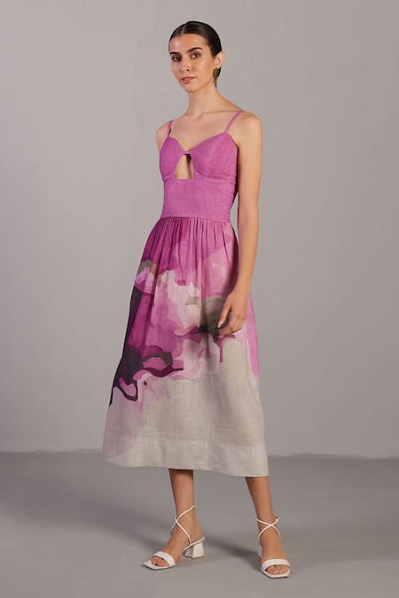 Clos Pink Keyhole Neck Beetroot And Light Grey Designer Dress