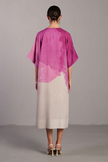 Shop_Clos_Pink Linen V-neck Beetroot And Light Grey Designer Dress _at_Aza_Fashions