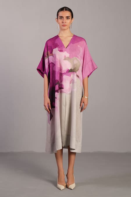 Clos Pink Linen V-neck Beetroot And Light Grey Designer Dress