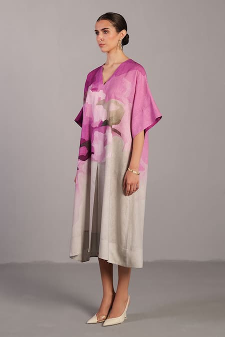 Clos_Pink Linen V-neck Beetroot And Light Grey Designer Dress _Online_at_Aza_Fashions