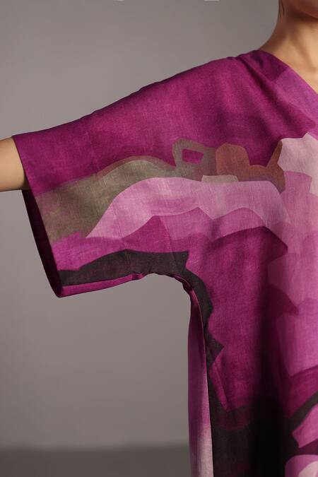 Buy_Clos_Pink Linen V-neck Beetroot And Light Grey Designer Dress _Online_at_Aza_Fashions