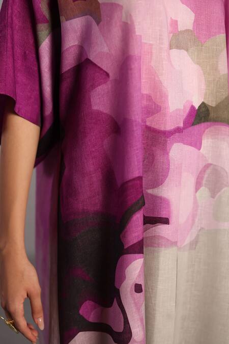 Shop_Clos_Pink Linen V-neck Beetroot And Light Grey Designer Dress _Online_at_Aza_Fashions