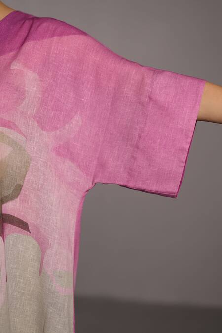 Clos_Pink Linen V-neck Beetroot And Light Grey Designer Dress _at_Aza_Fashions