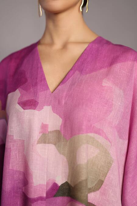 Buy_Clos_Pink Linen V-neck Beetroot And Light Grey Designer Dress 