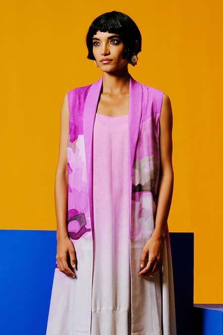Clos_Pink Cotton Round , Open Beetroot And Light Grey Designer Dress Set _Online_at_Aza_Fashions