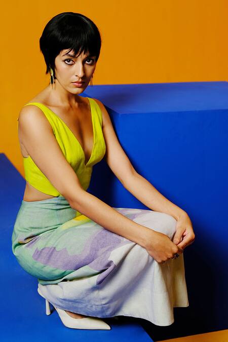 Buy_Clos_Green V-neck Neon Blue And Designer Dress _Online_at_Aza_Fashions