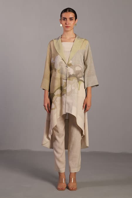 Clos Linen Shawl , Notched , Round Moss Green Designer Jacket And Pant Set
