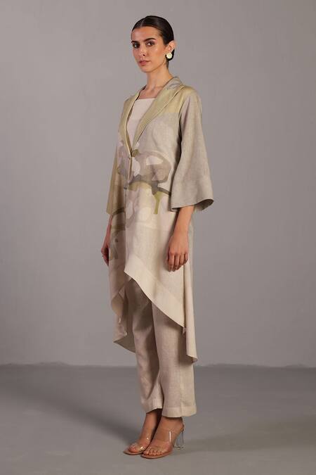 Clos_Linen Shawl , Notched , Round Moss Green Designer Jacket And Pant Set _Online_at_Aza_Fashions