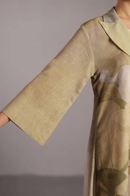 Buy_Clos_Linen Shawl , Notched , Round Moss Green Designer Jacket And Pant Set _Online_at_Aza_Fashions