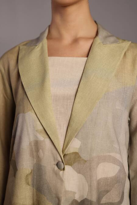 Shop_Clos_Linen Shawl , Notched , Round Moss Green Designer Jacket And Pant Set _Online_at_Aza_Fashions