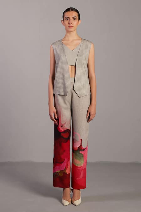Clos Gray V-neck Crimson Red Floral Print Jacket Set 
