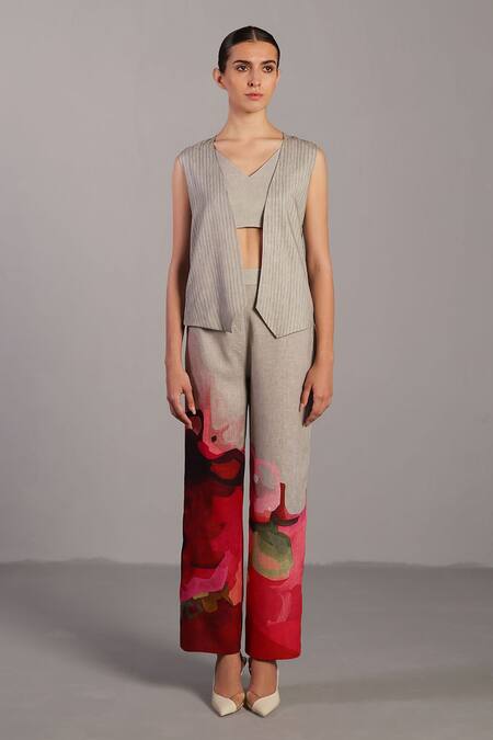 Clos_Gray V-neck Crimson Red Floral Print Jacket Set _Online_at_Aza_Fashions