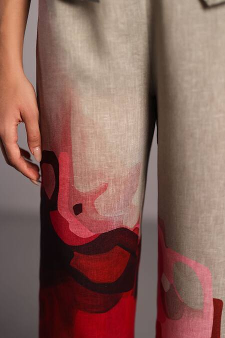 Shop_Clos_Gray V-neck Crimson Red Floral Print Jacket Set _Online_at_Aza_Fashions