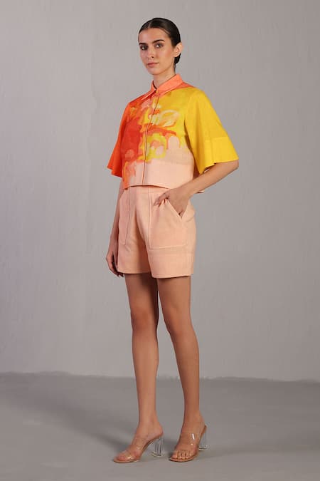 Clos_Orange Collared Bright And Yellow Crop Top & Shorts Set _Online_at_Aza_Fashions