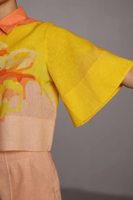 Clos_Orange Collared Bright And Yellow Crop Top & Shorts Set _at_Aza_Fashions