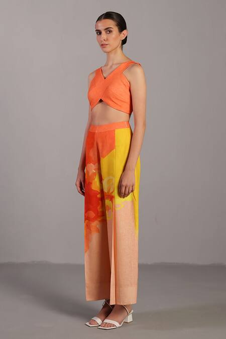 Clos_Orange Linen Asymmetric Bright And Yellow Bustier Pant Set _Online_at_Aza_Fashions