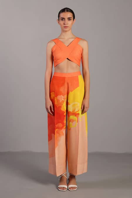Clos Orange Linen Asymmetric Bright And Yellow Bustier Pant Set