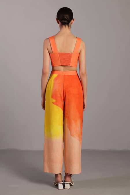 Shop_Clos_Orange Linen Asymmetric Bright And Yellow Bustier Pant Set _at_Aza_Fashions