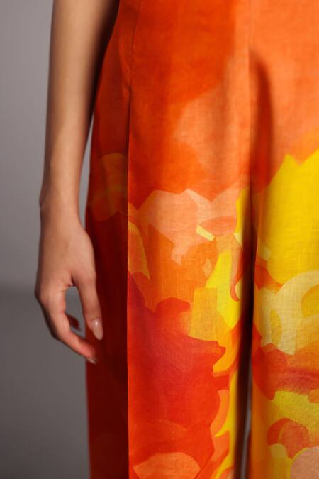 Buy_Clos_Orange Linen Asymmetric Bright And Yellow Bustier Pant Set _Online_at_Aza_Fashions