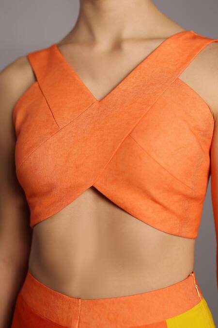 Shop_Clos_Orange Linen Asymmetric Bright And Yellow Bustier Pant Set _Online_at_Aza_Fashions