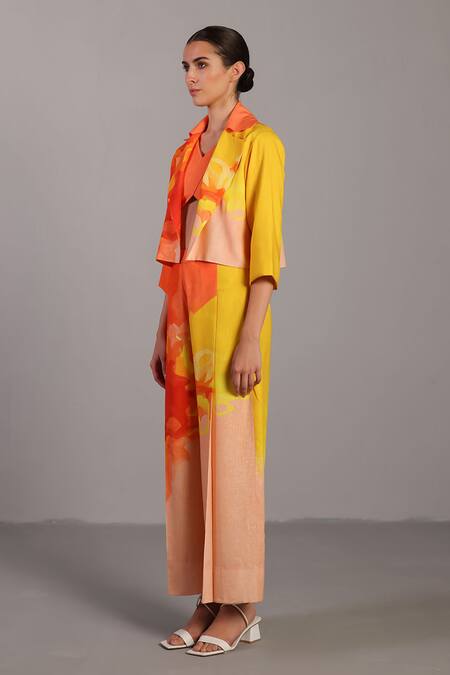 Clos_Orange Kota Doria Open Neck Bright And Yellow Designer Set _Online_at_Aza_Fashions