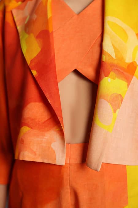 Shop_Clos_Orange Kota Doria Open Neck Bright And Yellow Designer Set _Online_at_Aza_Fashions