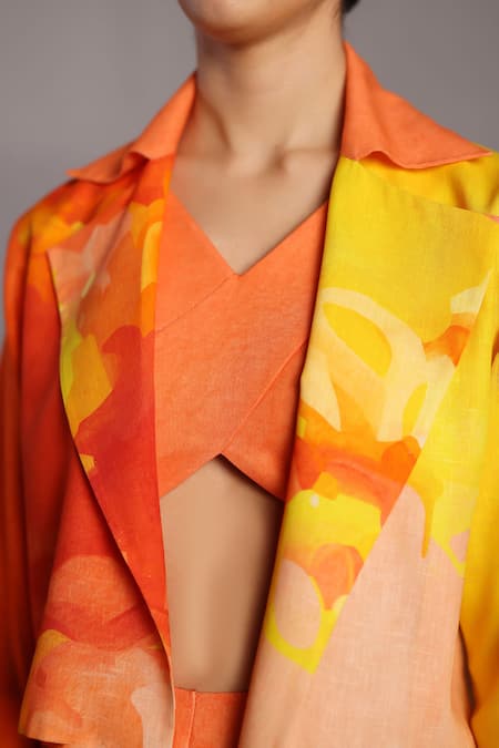 Clos_Orange Kota Doria Open Neck Bright And Yellow Designer Set _at_Aza_Fashions