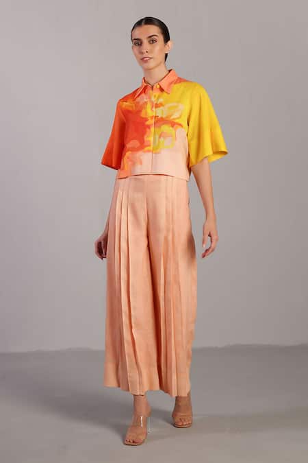 Clos Orange Collared Bright And Yellow Crop Top Pant Set