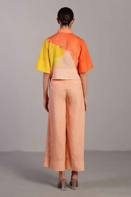Shop_Clos_Orange Collared Bright And Yellow Crop Top Pant Set _at_Aza_Fashions