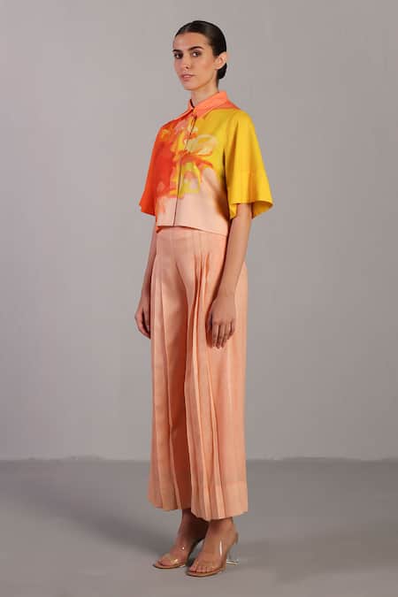 Clos_Orange Collared Bright And Yellow Crop Top Pant Set _Online_at_Aza_Fashions