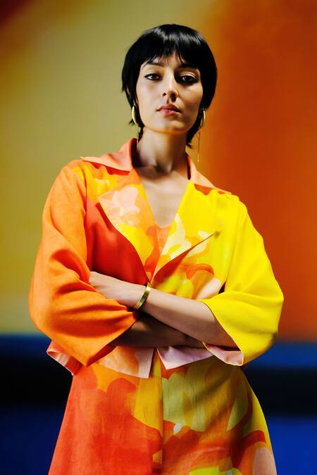 Shop_Clos_Orange Collared Bright And Yellow Designer Set _Online_at_Aza_Fashions