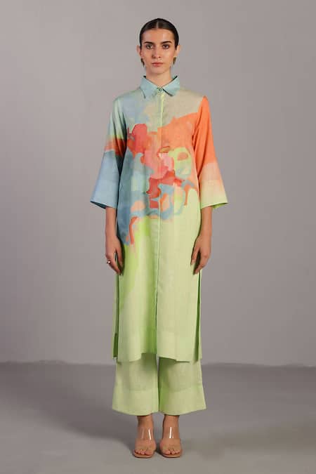 Clos Green Collared Multicolor Designer Kurta And Pant Set 
