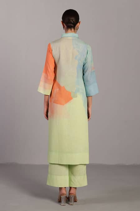 Shop_Clos_Green Collared Multicolor Designer Kurta And Pant Set _at_Aza_Fashions