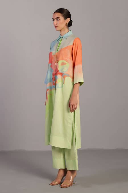 Clos_Green Collared Multicolor Designer Kurta And Pant Set _Online_at_Aza_Fashions